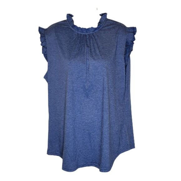 Lomon Lady's Fashion Blue Ruffled Sleeve Crew Neck Sleeveless Top - NWT - Picture 5 of 7